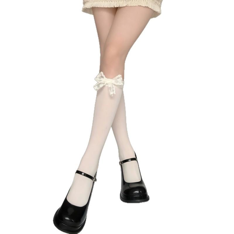White lace floral bow calf socks Lolita Velvet mid-calf socks with trendy patterns, pure and desirable