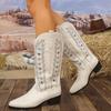 Embroidery Stars Cowboy Boots for Women Autumn Winter 2024 Slip On Chunky Heels Knee High Boots Woman Pointed Toe Western Boots