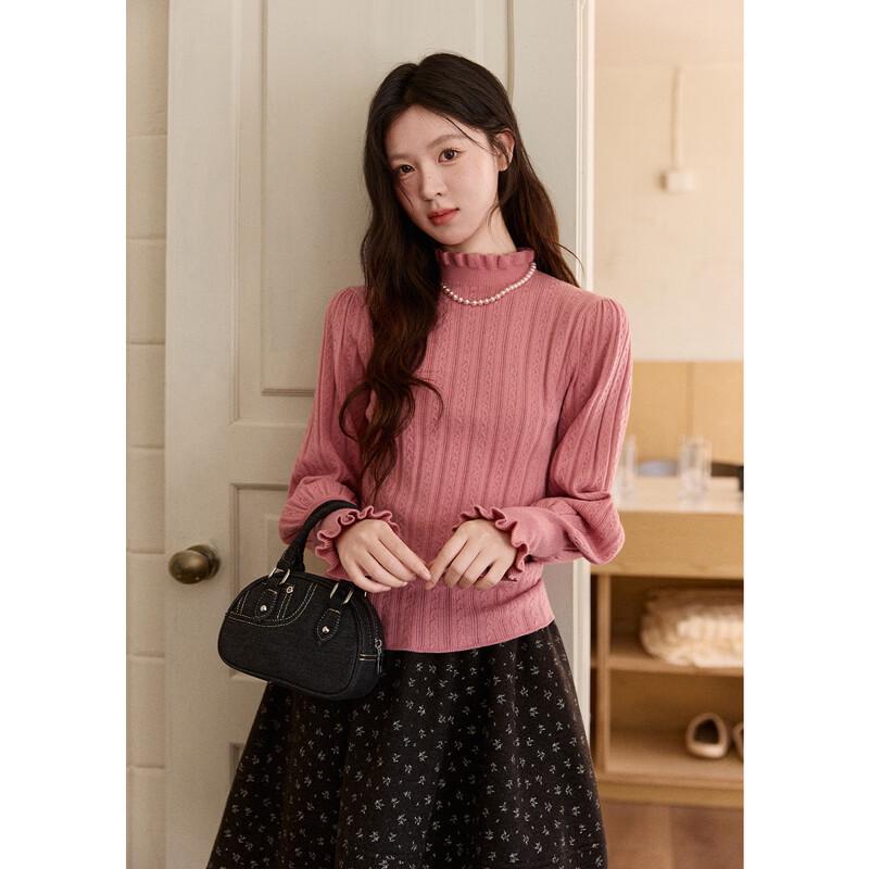 Women's Ruffle Trim Mock Neck Ribbed Knit Pullover