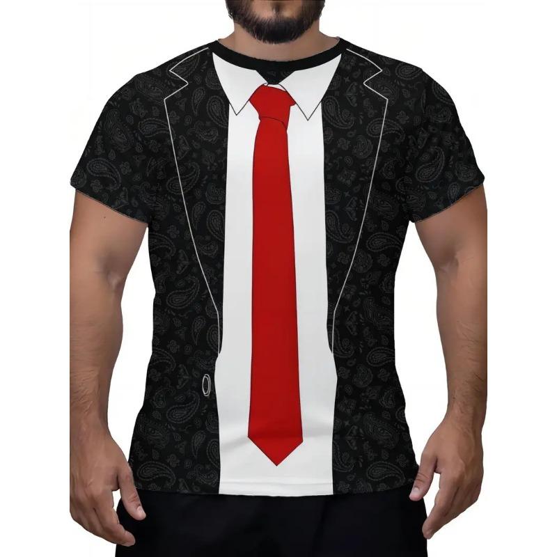 Men's Casual Suit Tie Print T-Shirt Tops Short Sleeve Crew Neck Men's Round Neck T-shirts New In Mens Cosplay Party Tee Shirts