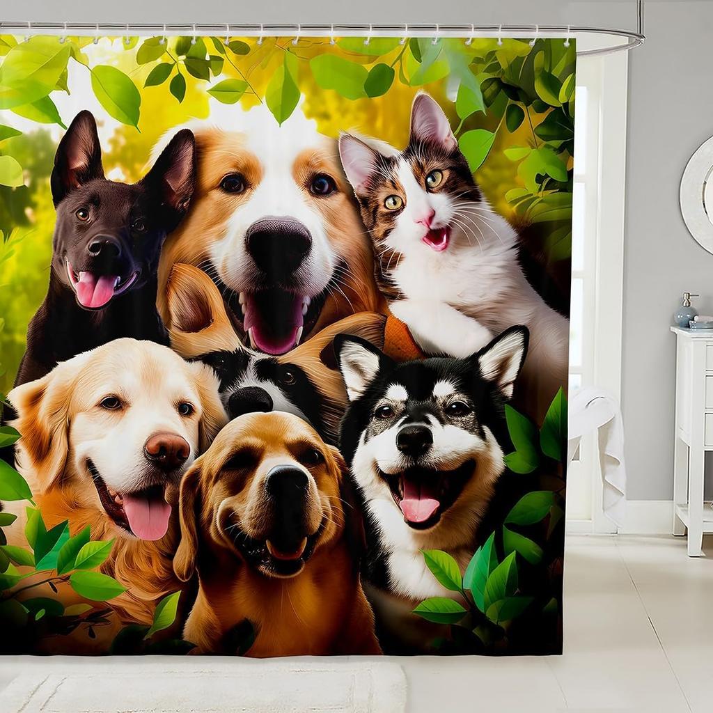 Dog Bath Curtain for Girls Boys Kids Cute Pet Cat Dog Shower Curtain with Hooks Backyard Pals Dogs and Cats Shower Curtain