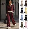 Half Zip Pullover Top Women Fall Sweatshirt Pants Set, Turndown Collar Half-Zip Top, Trousers with Drawstring Wide Leg Drawstring, Contrast