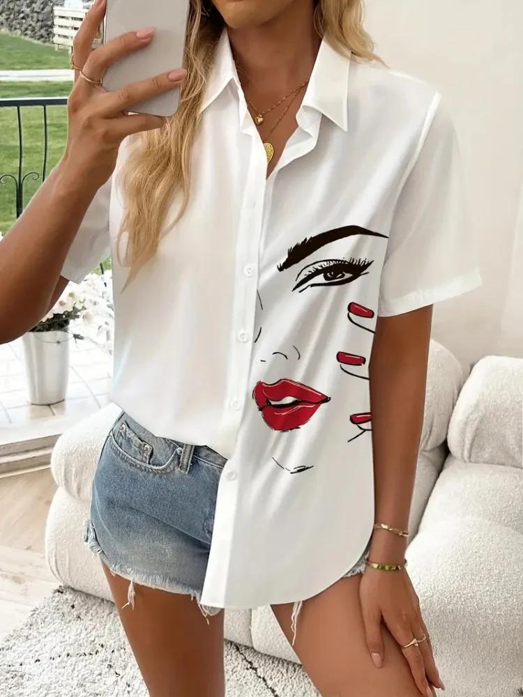 Summer 2025 Women Shirts Lapel Short Sleeve Abstract Cartoon Portrait Prints Blouses Fashion Casual Cute Cat Print Shirts Tops