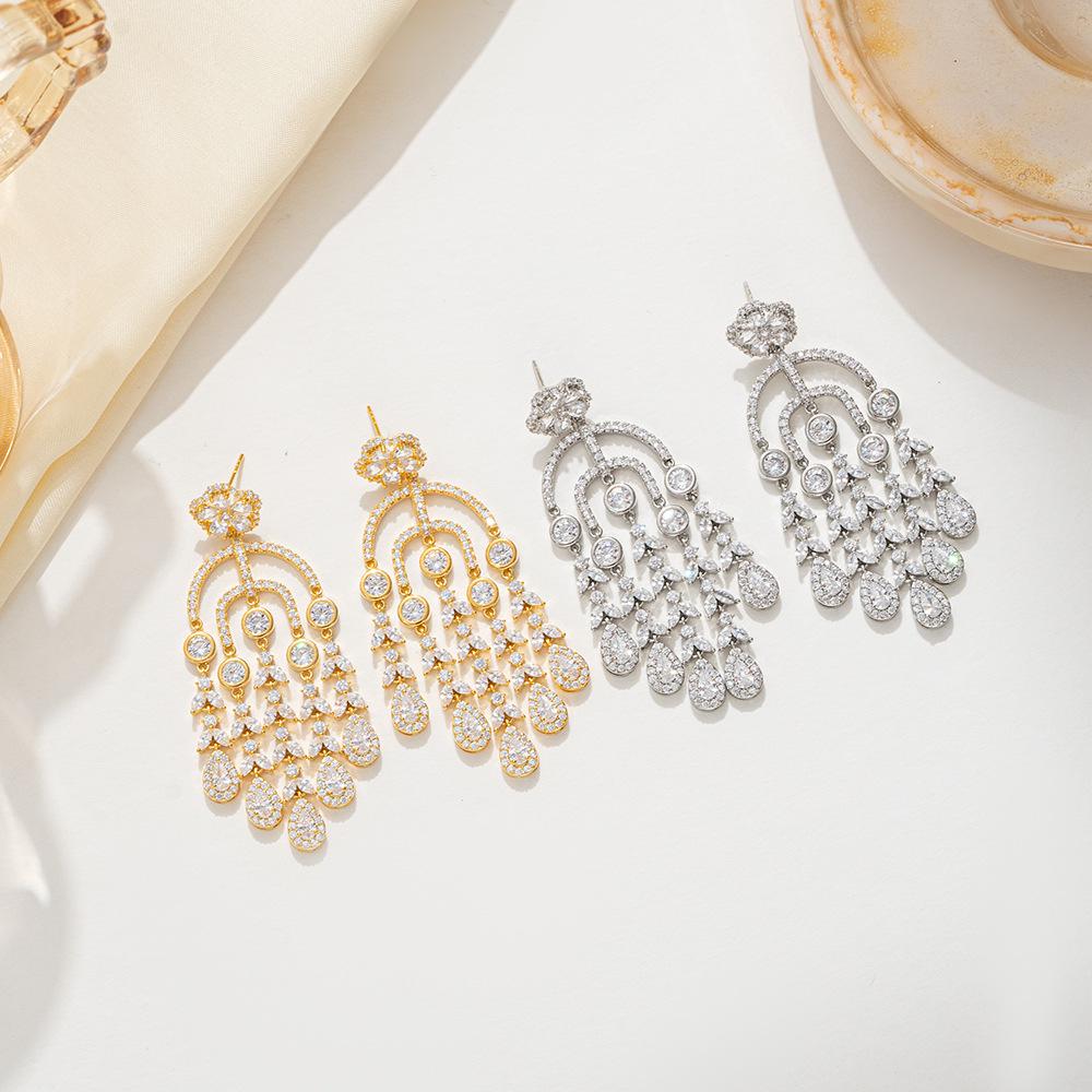 Elegant Zircon Tassel Silver Needle Earrings for Women's Banquet and Evening Dress