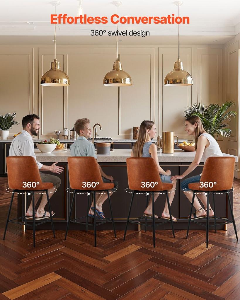 Bar Stool Set of 2, 69cm Counter Height Swivel Stools, Modern PU Leather Counter Barstool with Backrest and Metal Legs, Armless Bar Chair, Island
