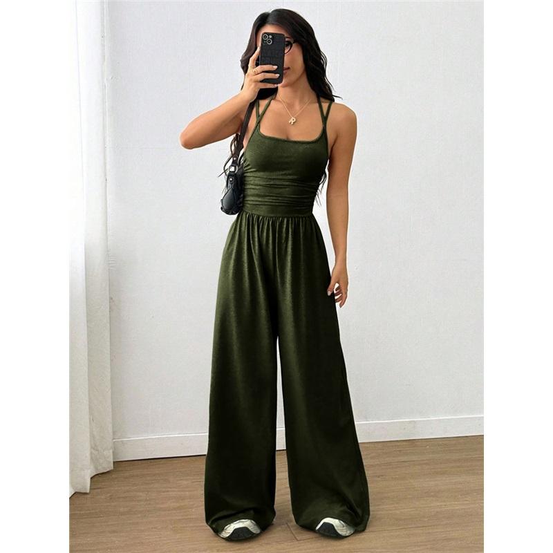 Women's Halterneck Suspender Pleated Waist Backless Jumpsuit