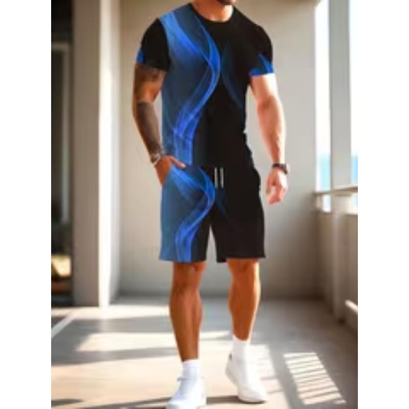 Men s Casual 3D Digital Print Blue and Black Gradient Line Pattern Short Sleeve T-Shirt and Shorts Set S