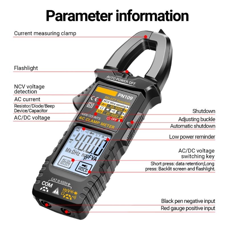 PN109 Clamp Meter Voltage Current Tester 4000 Counts Backlit Multimeter for Resistance Diode NCV Testing