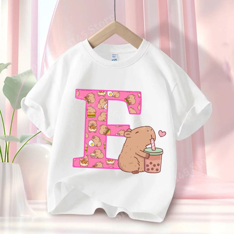 Capibara Cute T-shirt Kids Anime Capybara Letter A-Z Tees Girls Summer Short Sleeve Cotton Tops Children Clothes Gift Hot Sales