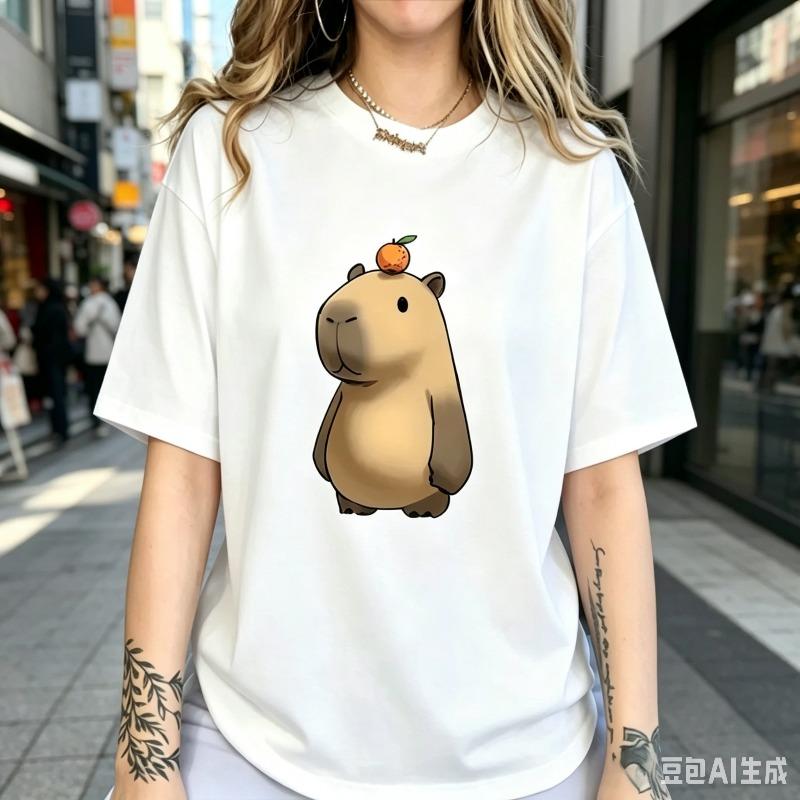 Cute Capybara Orange Print Unisex Tshirt Casual Street Style Crew Neck Short Sleeve Tee For Daily Wear