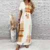 Women Plus Size V Neck Short Sleeve Plaid Printed Straight Maxi Dress