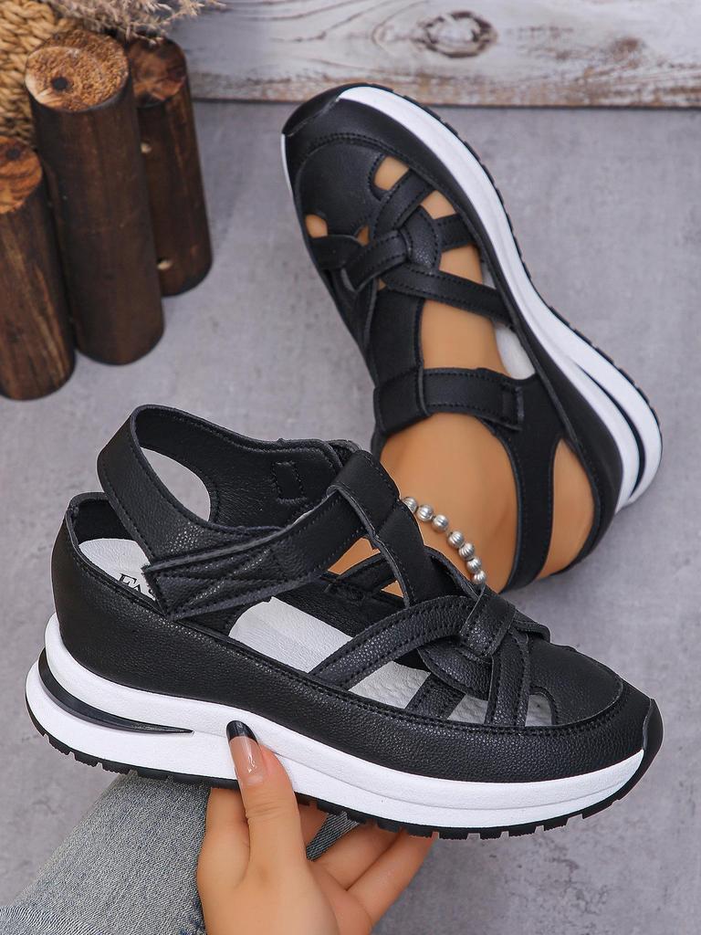 Summer Platform Breathable Women's Velcro Sandals - Hollow, Closed-Toe, Large Sizes Available