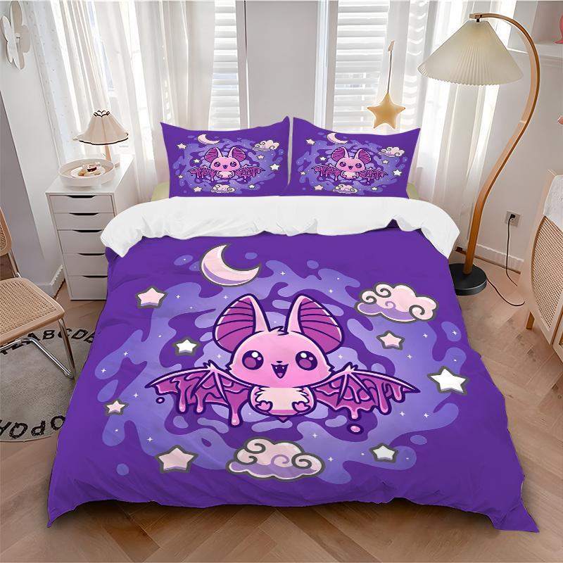 3pcs Cute purple Bat Quilt Set Soft and Comfortable Bedroom, and Dorm Decor Bedding Set 1 Quilt Cover + 2 Pillowcases.L030