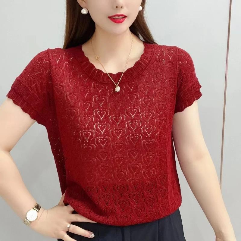 

Women s White Heart Hollow Lace Round Neck Short Sleeve Loose Fit Casual Blouse L красный