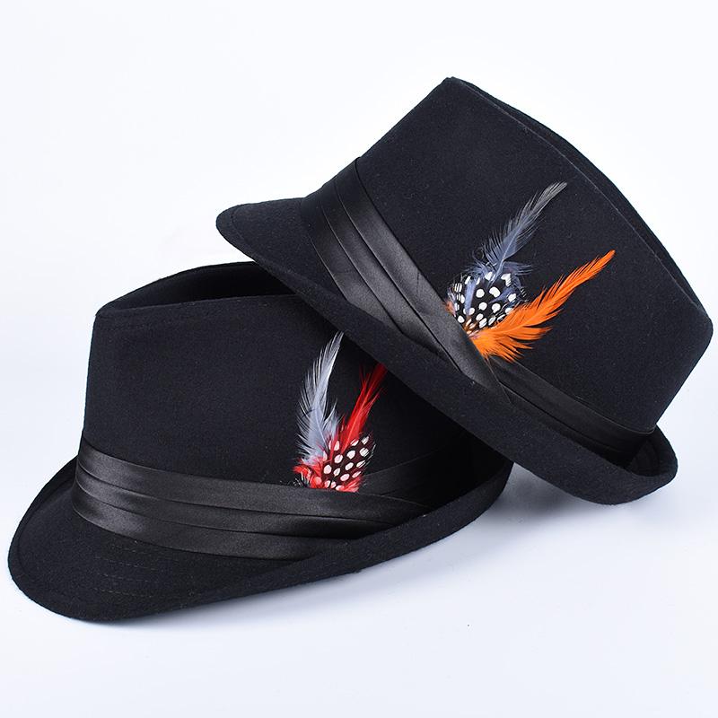 Feathers Fedora Hat Men 2026 Autumn Casual Short Sleeve Fedoras Elegant Gentleman Sombrero Hombre Black British Felt Top Hats