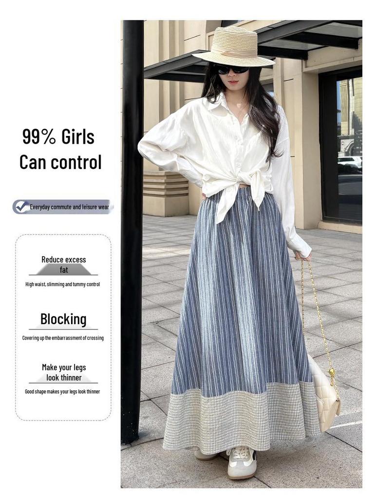 Damen Hohe Taille Japanischer Retro Streifen A-Linien Schirmrock – Schlankmachend und Elegant für Frühling/Sommer
