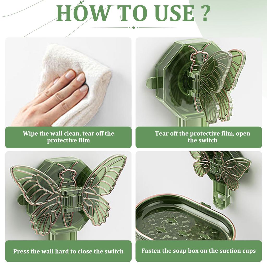 Nástěnná mýdlenka s motýlem, bez vrtání, se sacím pohárem, odtoková, odnímatelná mýdlenka pro domácnost, koupelnu, kuchyňské nářadí
