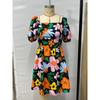 Women Floral Print Mini Dress Square Neck Puff Sleeve Waist Casual Elegant Summer Party Dress