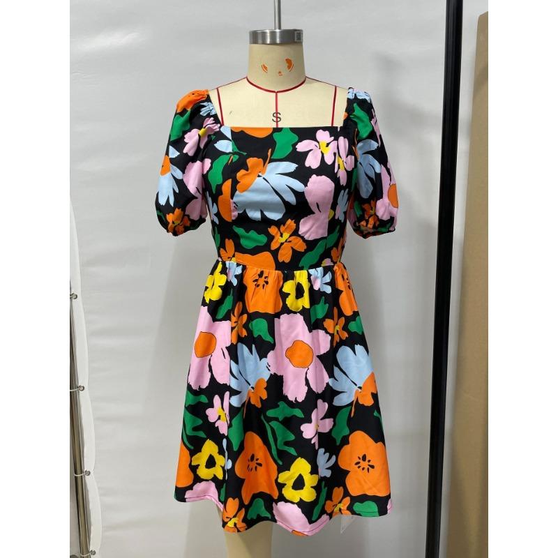 Women Floral Print Mini Dress Square Neck Puff Sleeve Waist Casual Elegant Summer Party Dress
