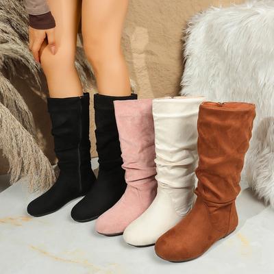 Velvet-Padded Pleated Oversized Boots New Style Women's Western Flat Mid-Calf Boots
