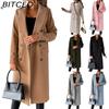 Women's Spring Coat - Versatile Wool-Blend Trench Coat Solid Colour Long-Sleeved Double-Breasted Style with Slash Pockets