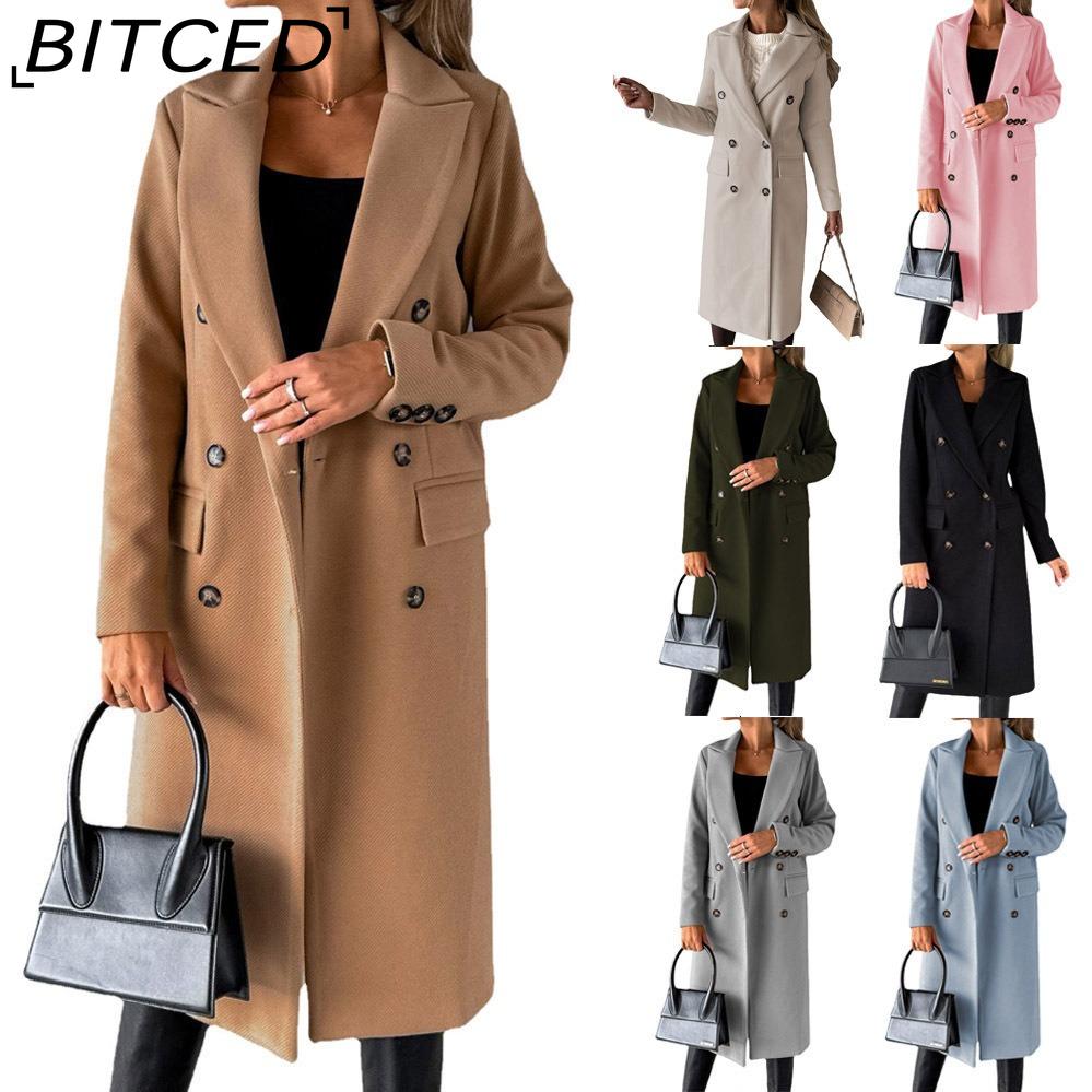 BITCED Women's Spring Coat - Versatile Wool-Blend Trench Coat Solid Colour Long-Sleeved Double-Breasted Style with Slash Pockets