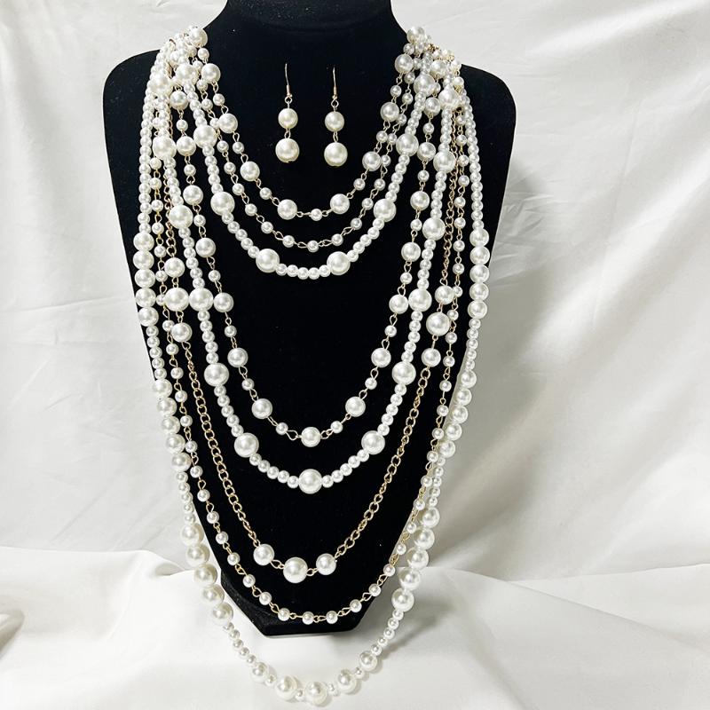 Elegant Multilayer Simulated Pearls Necklace And Earrings Set For Women Long Necklace Fashion Jewelry Accessories