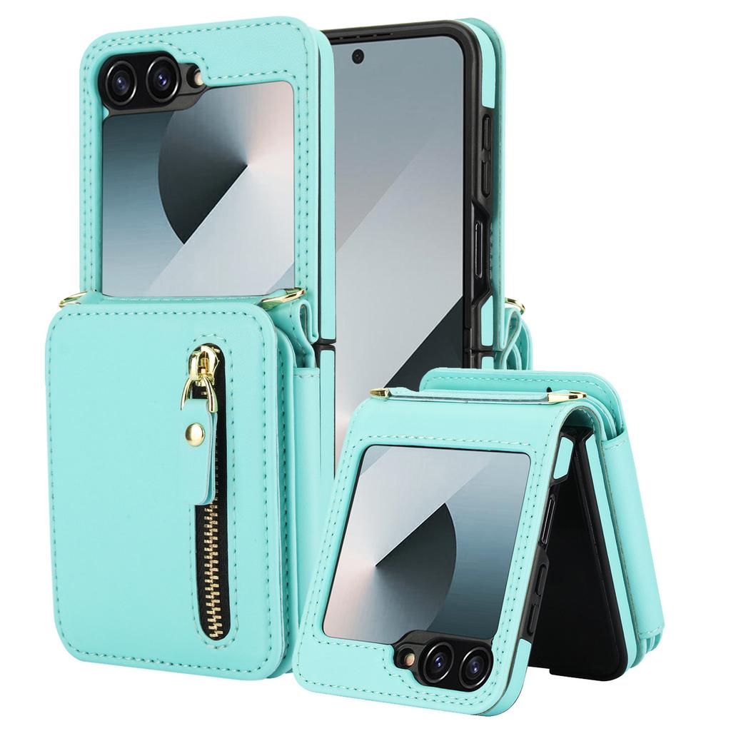 Applicable To Samsung Z Flip6 Mobile Phone Leather Case Z Flip5 Solid Color Card Zipper Change Bag Diagonal Strap Card Bag