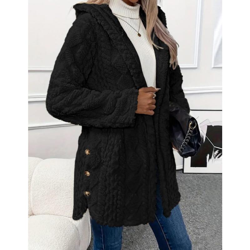 women's Fuzzy Fleece Hooded Open Front Cardigan Button Detail Long Sleeve Casual Winter Outerwear Coat