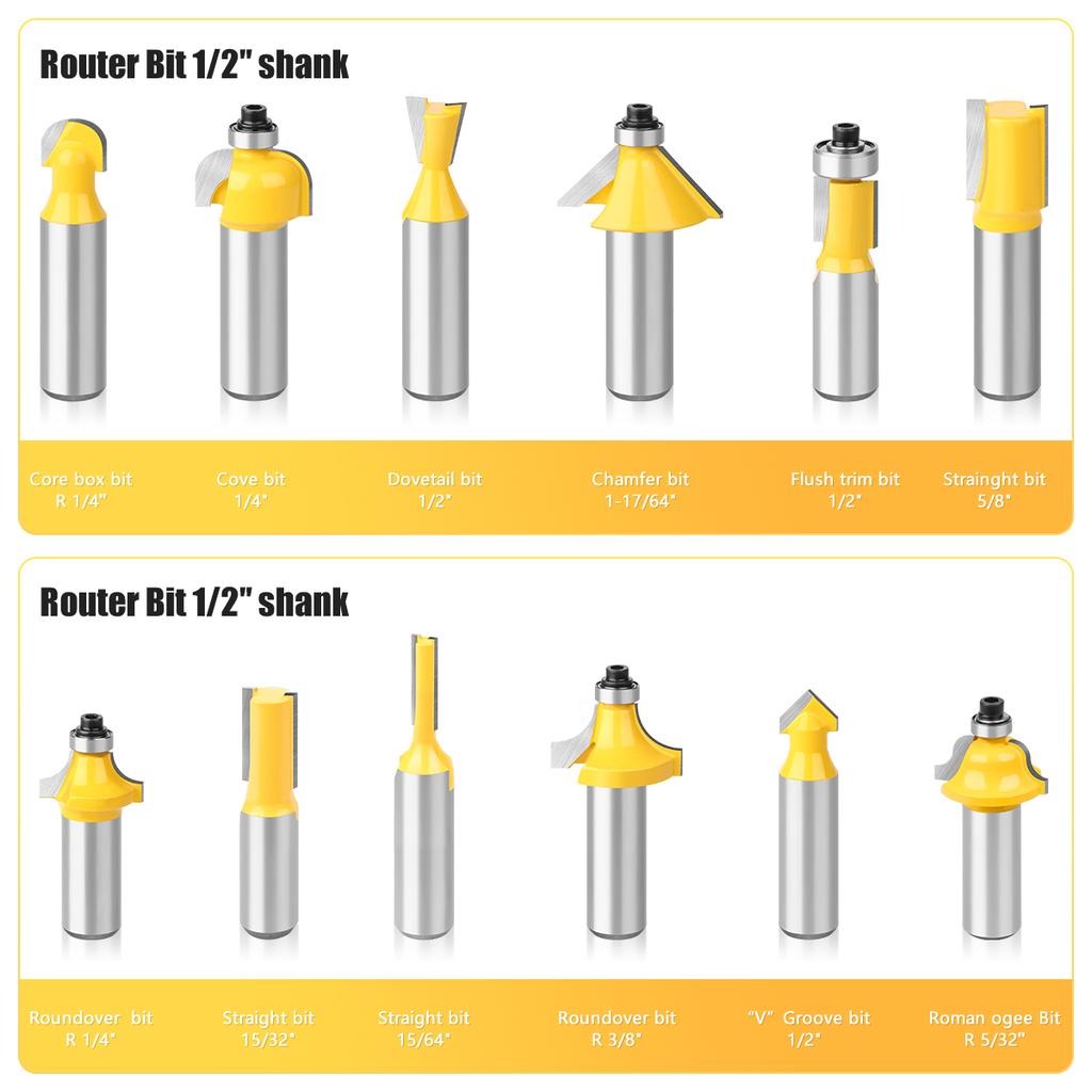 12pcs 6mm 8mm 1/4in 1/2in Shank Router Bits Set Woodworking Milling Cutter Trimming Straight Bits Carbide Engraving Cutting Tool