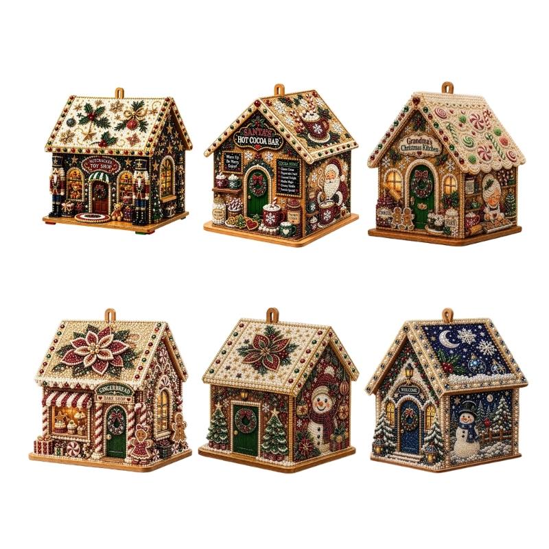 Wooden Christmas Houses Craft Set with Rhinestones Painting Piece, Pearls-Style Accents, and Tools for Hands-On Decorating
