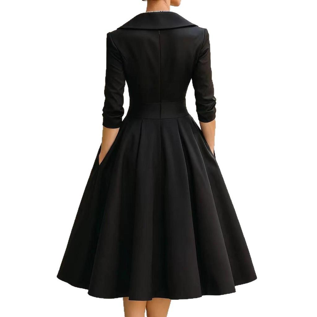 2025 Elegant European & American Women's Waist-Cinched Slimming Formal Long-Sleeved Dress