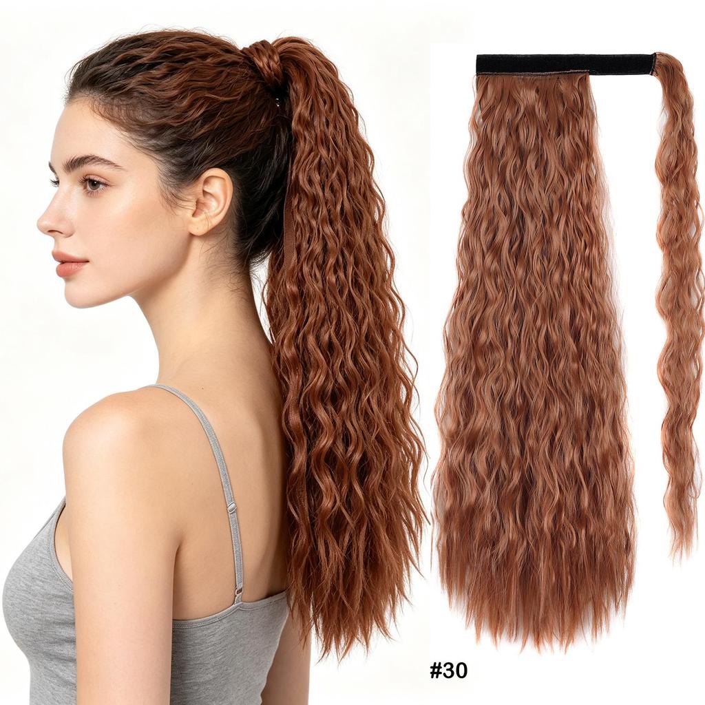 Ponytails Magic Tape Corn Wave Curly Ponytail Extension 22Inch 55cm Long Synthetic Hairpiece for Women