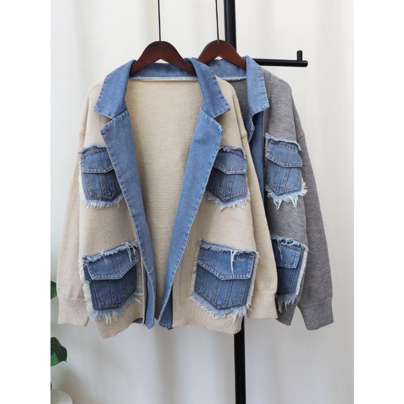 Autumn and Winter New Denim Splicing Sweater Jacket Women's Design Sense Loose Casual Versatile Knitted Cardigan