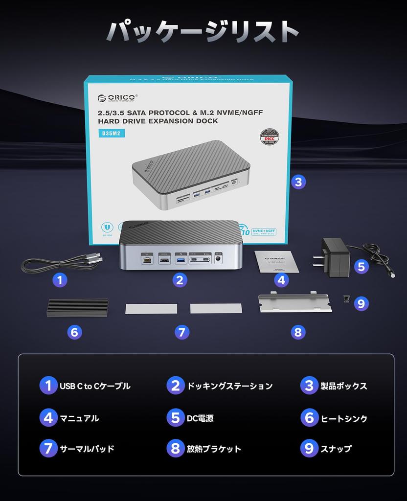 ORICO Hub HDD Docking Station Supports NVMe 10Gbps HDMI Card Gigabit 100W PD Fast Compatible USB-C 12-in-1 M.2 SSD, SATA, 2.5"/3.5" HDDs, High-Speed