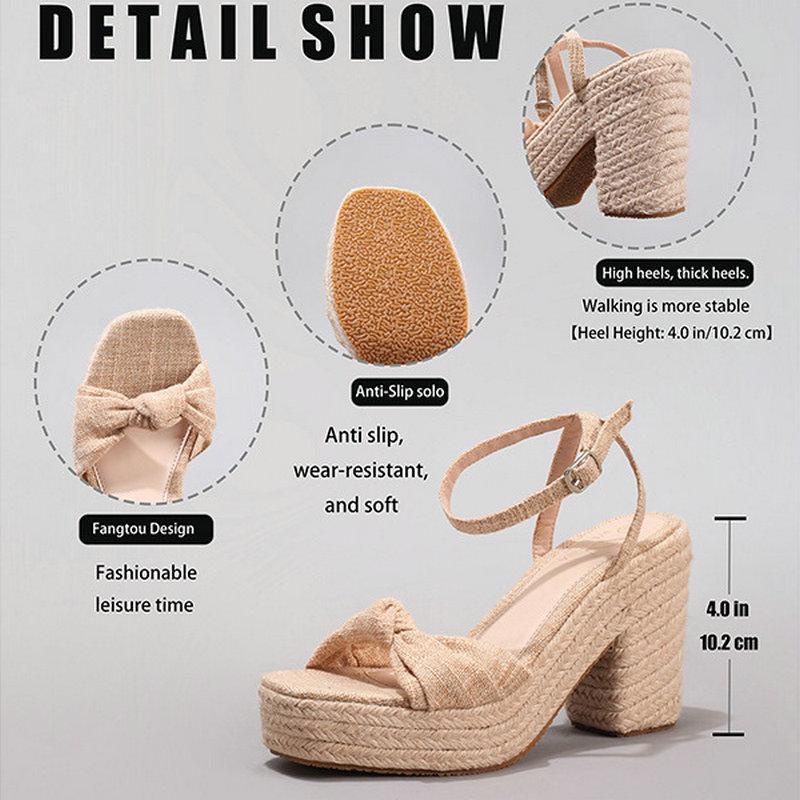 Fashion Hemp Rope Wedge Heel Thick-Soled Sandals With A Knotted One-Strap Summer Casual Vacation Waterproof Platform High Heels