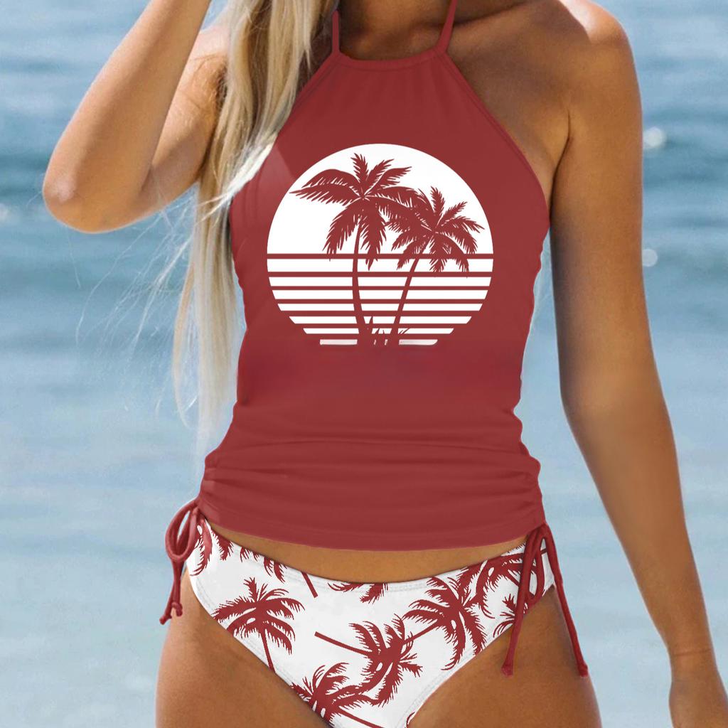 Women's Halter Blue Coconut Tree Print Bikini Tankini Swimsuit
