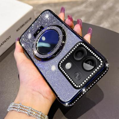 For Redmi Note 14 13 Diamond Make Up Mirror Phone Case For Redmi Note 13 Pro Holder Plating Soft Silicone Cover Note 14 Pro Plus