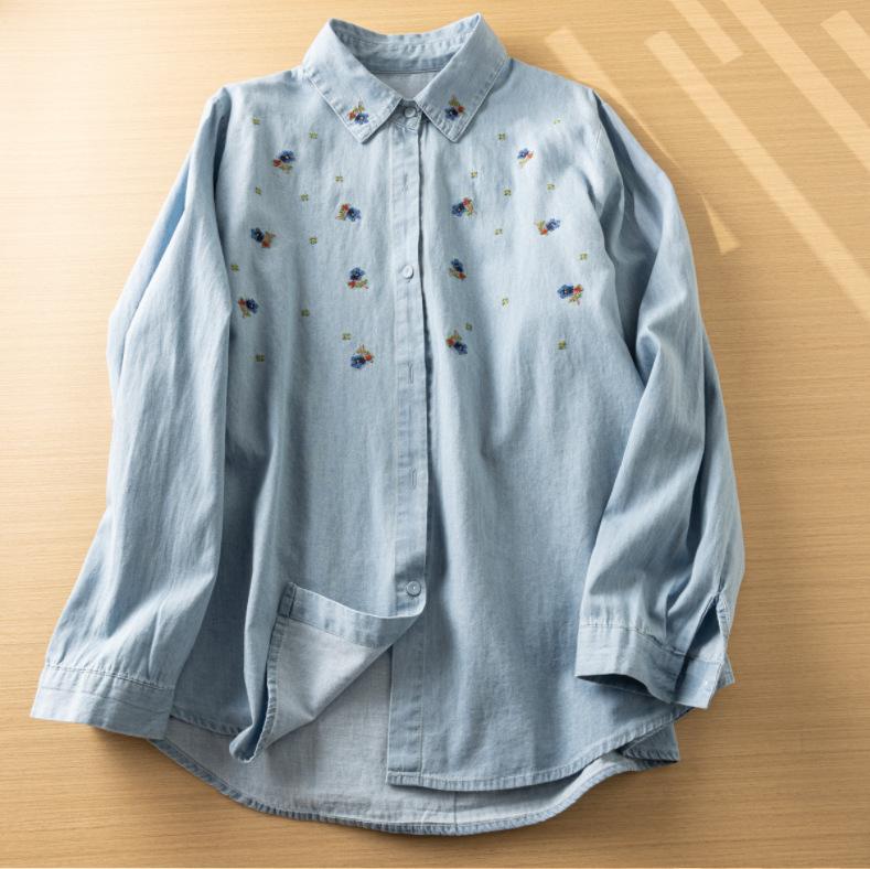 Haftowana koszula z długim rękawem z spranego dżinsu, damska, wiosenna i jesienna, uroczy jednorzędowy kardigan z dżinsu