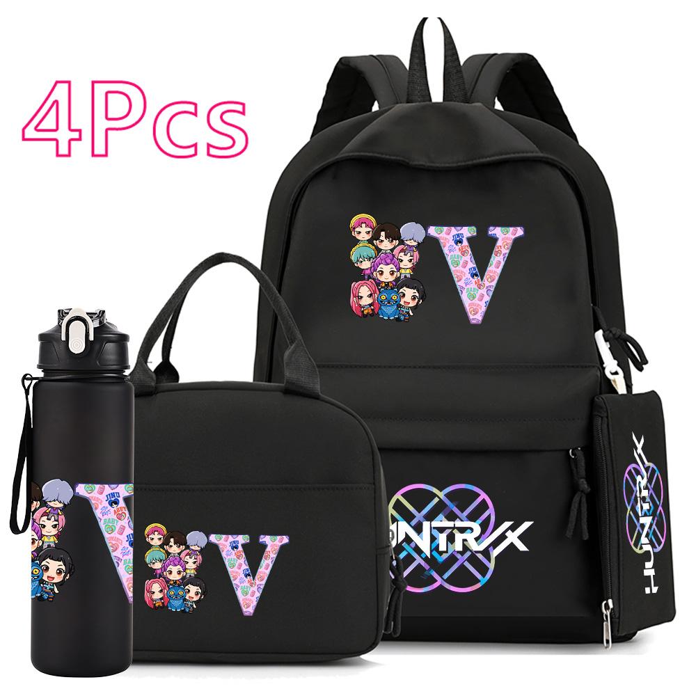 4 Stück/Set K-Pop Bedruckte 750 ml Wasserflasche Rucksack Handtasche Federmäppchen für Teenager Junge Mädchen Schultasche Große Kapazität wasserdicht Bücherrucksack Mochila