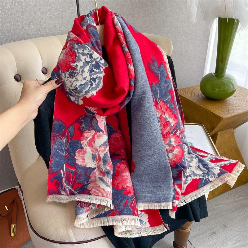New winter cashmere scarf women's peony flower thickened warm scarf retro elegant high-end shawl