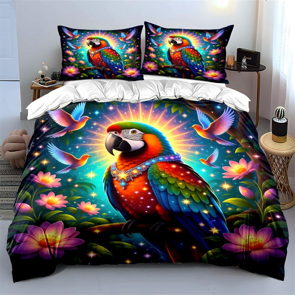Vibrant Parrot and Flowers Bedding Duvet Cover Set  (1*Duvet Cover 2*Pillowcases, Without Duvet Insert)