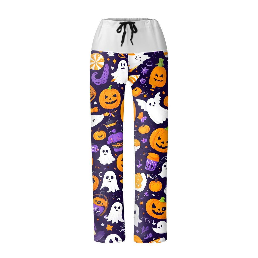 Women's Drawstring Elastic Waistband Wide Leg Color Matching Halloween Printed Casual Pants