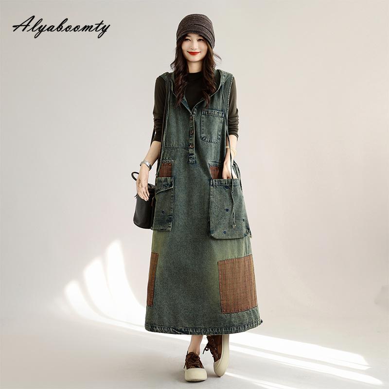 Korean Fashion Plus Size Autumn Spring Women Denim Sundress Hooded Embroidery Heart Plaid Patchwork Tank Dress Sleeveless Casual Oversized Maxi Dress