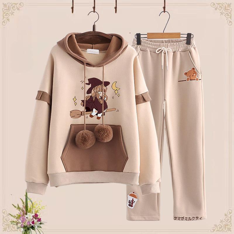 

осень Женский спортивный костюм повседневный Оверсайз милый мультяшный принт Комплект из двух частей Женский молодежный Преппи стиль толстовки и брючные костюмы для женщин уличная одежда L