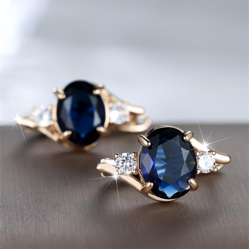 Geometric Zircon Blue Crystal Oval Stone Hoop Earrings For Women Vintage Gold Color Ear Buckle Wedding Jewelry Engagement Gifts