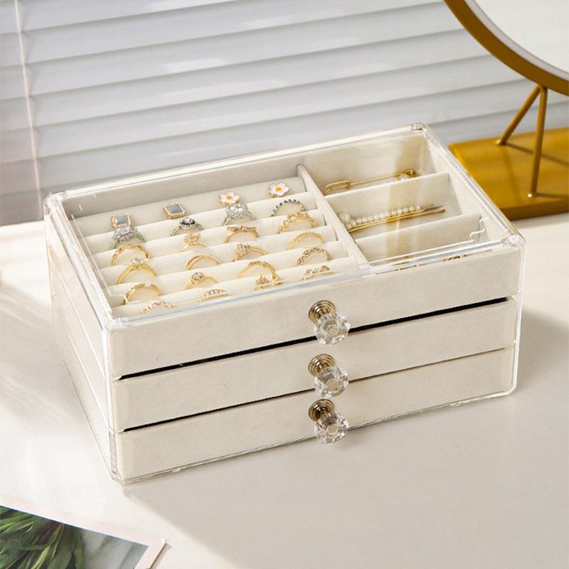 קופסת תכשיטים שקופה, מארז תצוגה 3 שכבות, עגילי שרשרת טבעת, קופסאות ארגון מפלסטיק, מגש תכשיטים מקטיפה, מתנות