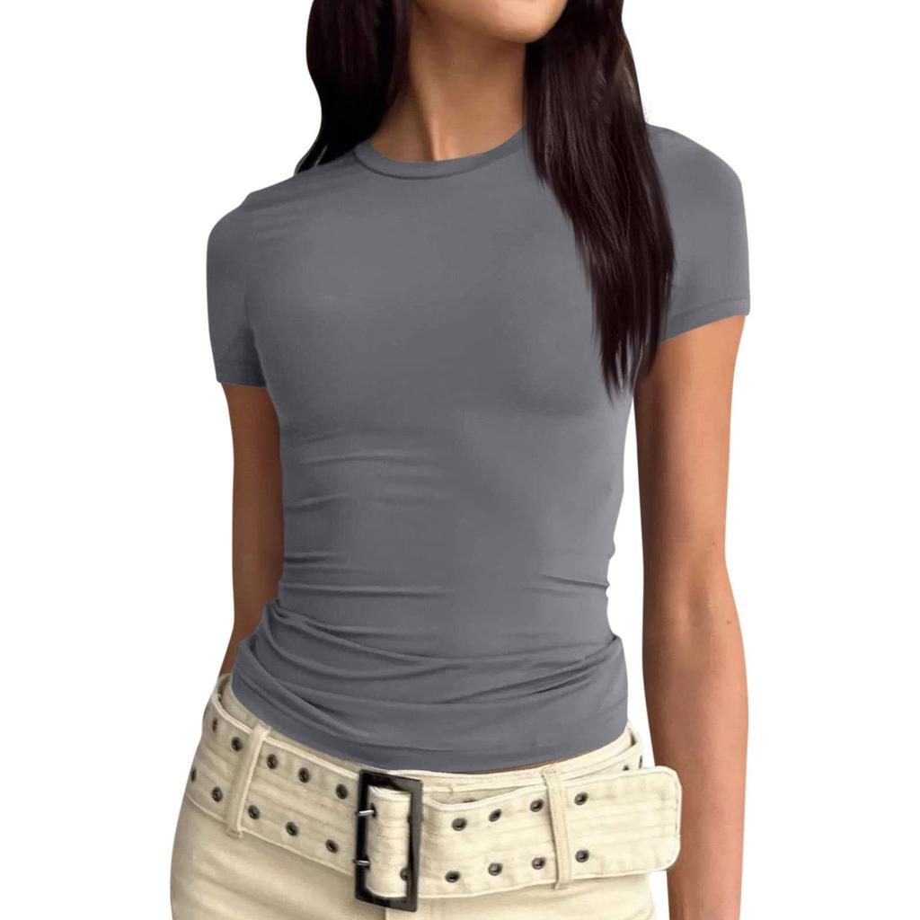 Kadın Kısa Kollu Katı Seksi Sevimli Tee Slim Fit Sıkı Kırpma Üst T Gömlek