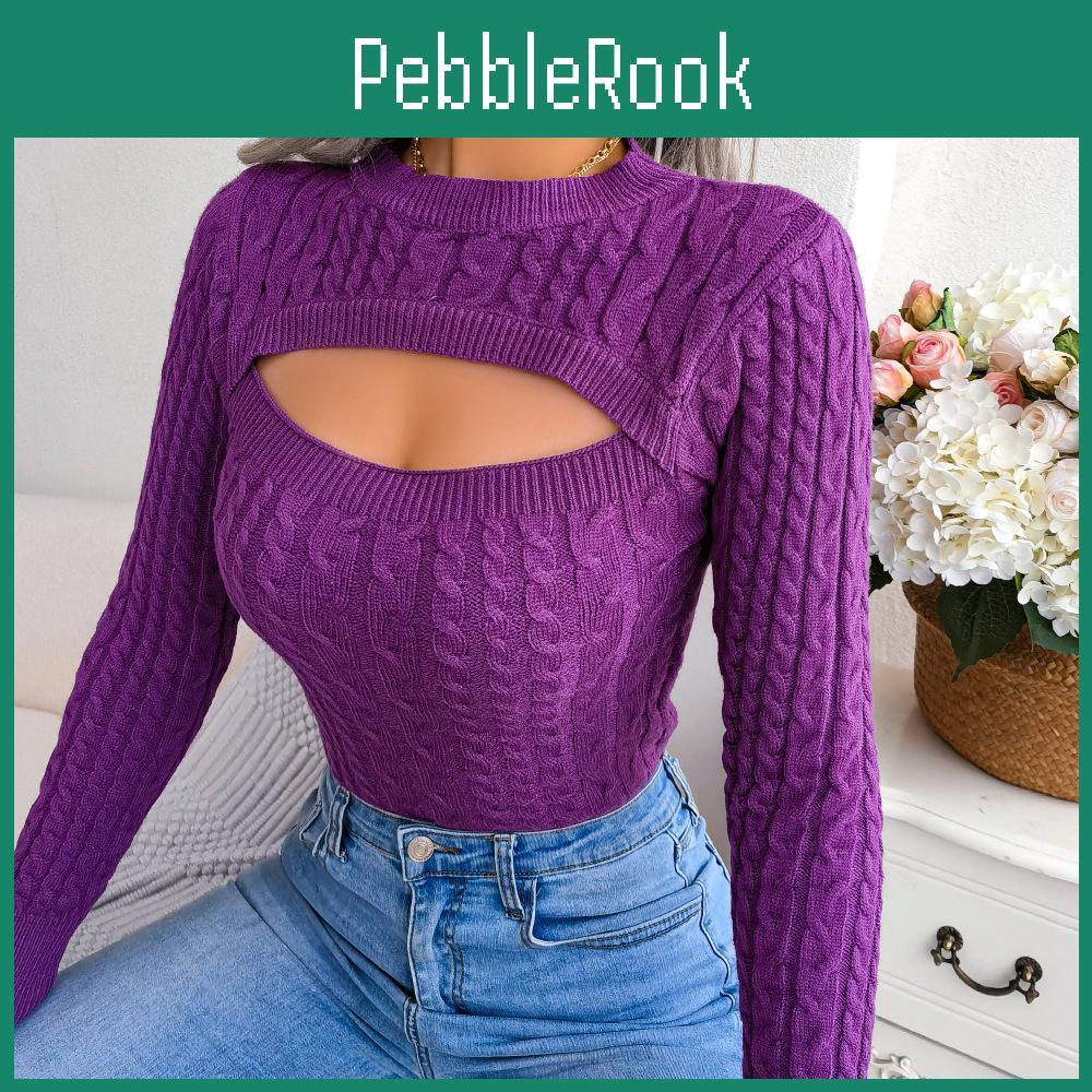 Winter Fall Women Twist Cutout Long Sleeve Sweater Solid Color Slim All Match Knitted Tops