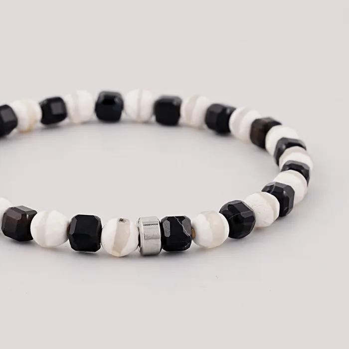 Side Cut Square Black and White Gemstone Bracelet (C2503AC1269_BK)